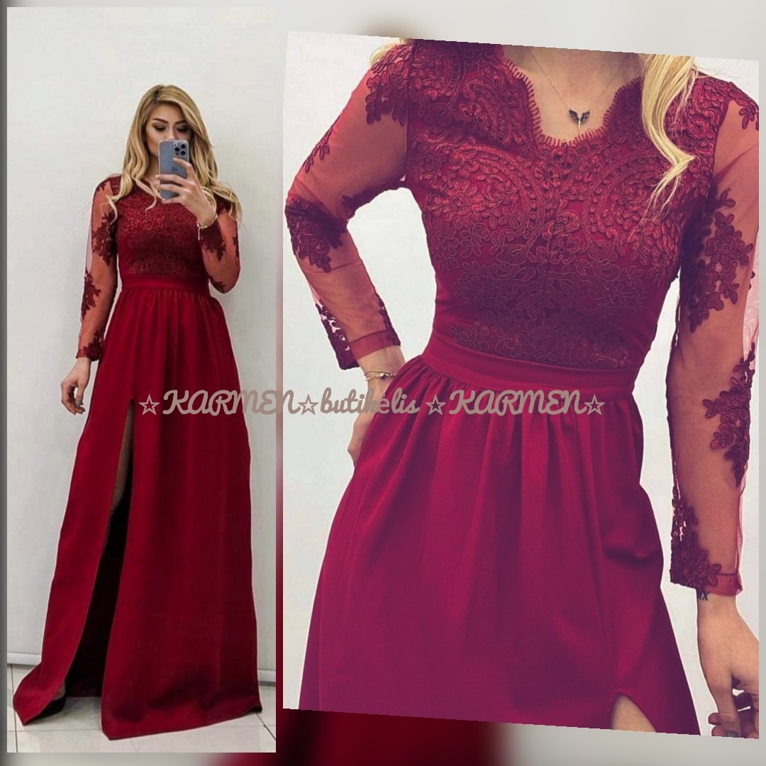 Ilga rubino spalvos siuvinėta suknelė su skeltuku