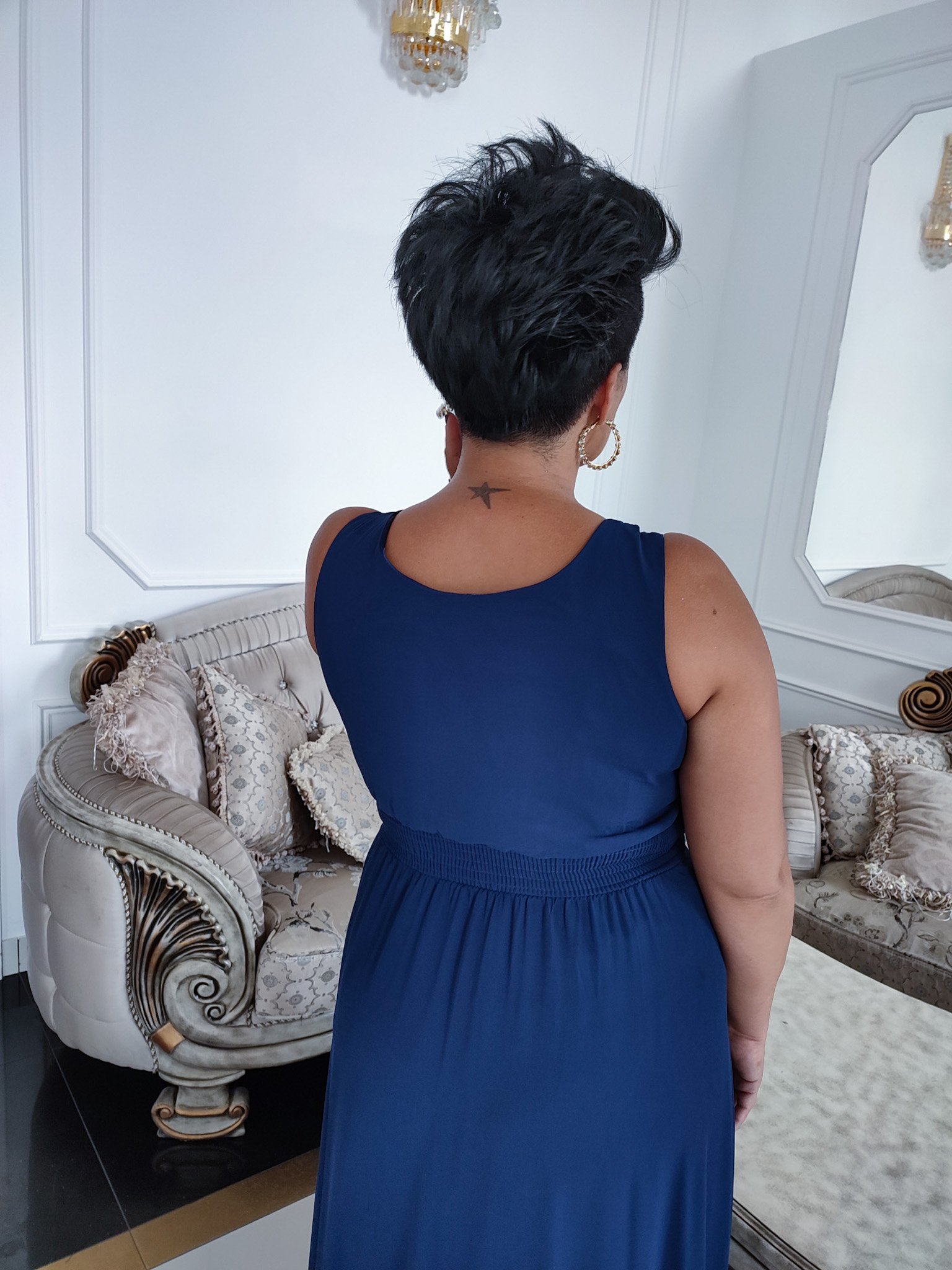 Rašalo mėlyna ilga vakarinė suknelė su karoliukais ir tampria nugara - Image 2