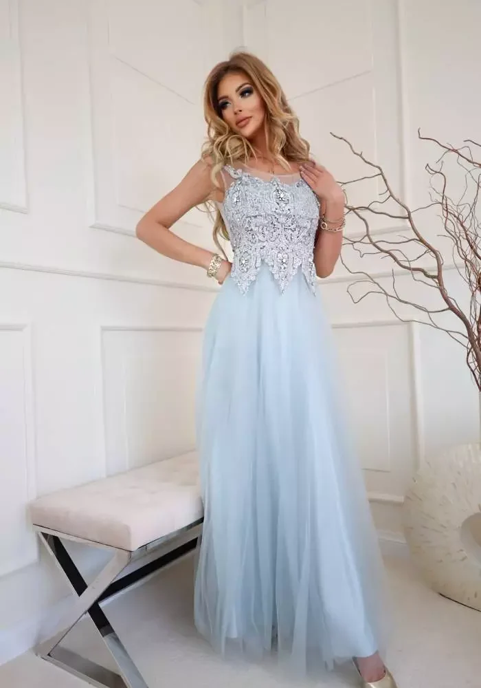 Ilga sidabro suknelė su kristalais „Ledo karalienė“ 36 dydis