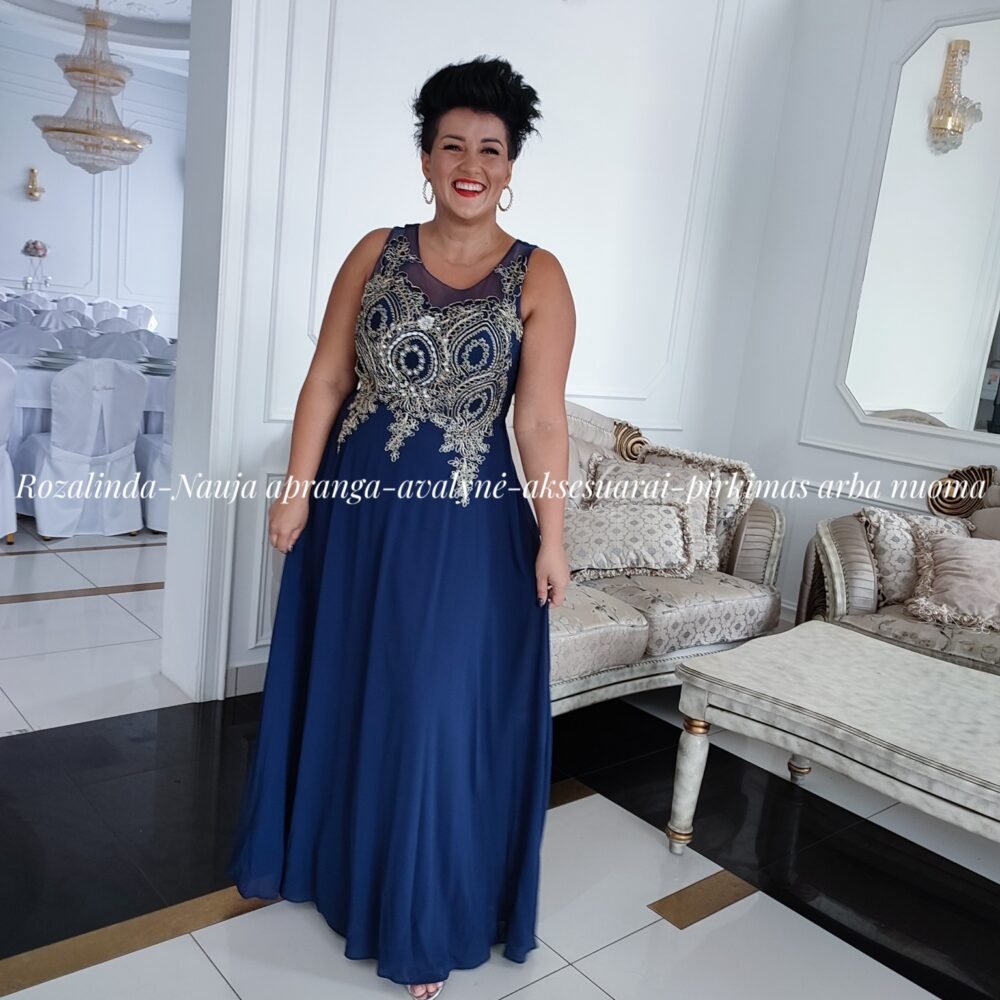 Rašalo mėlyna ilga vakarinė suknelė su karoliukais ir tampria nugara