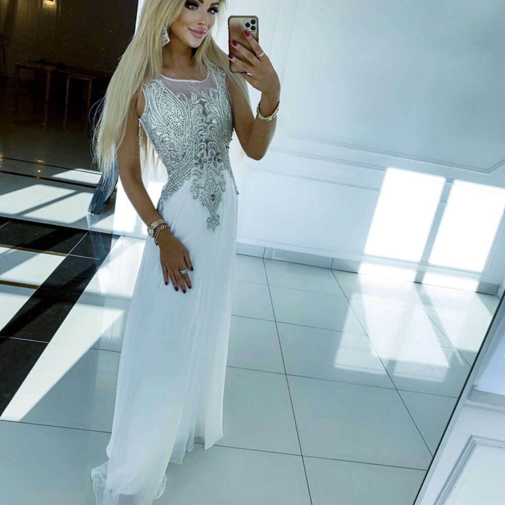 Balta suknelė su siuvinėtu viršumi ir šifono sijonu „Sidabro spindesys“ 34 dydis