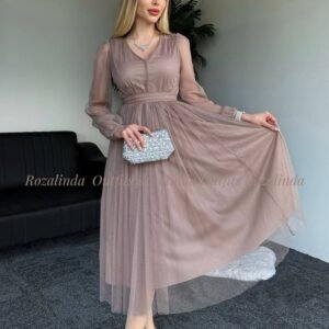 Tiulinė rusva midi ilgio suknelė