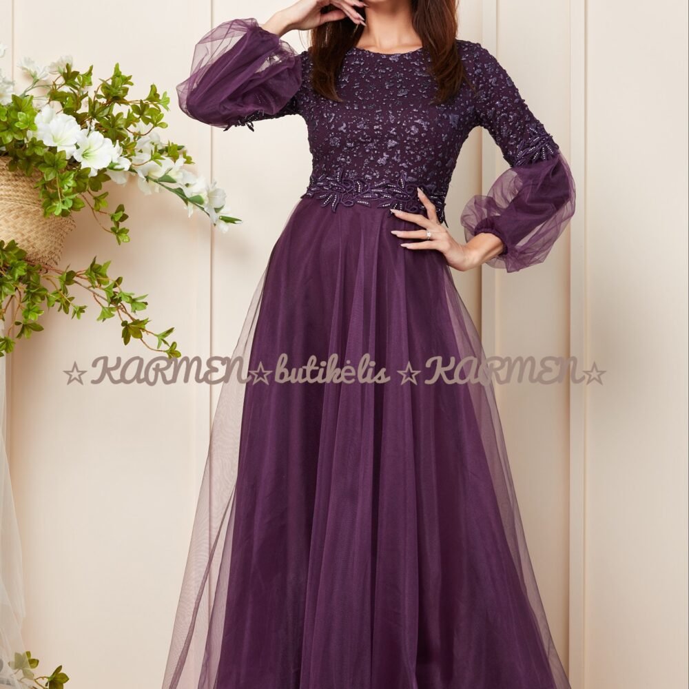 Proginė violetinė prabangi ilga suknelė su tiuliu