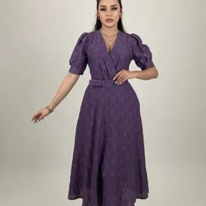Violetinė midi ilgio suknelė su kišenėmis