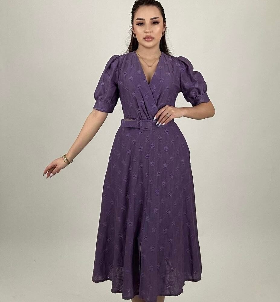 Violetinė midi ilgio suknelė su kišenėmis