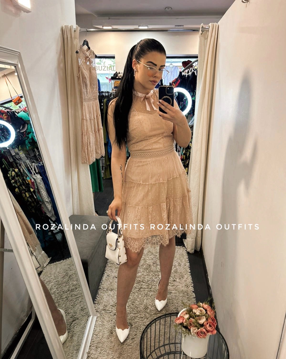 Smėlio spalvos nėriniuota suknelė be rankovių - Image 2