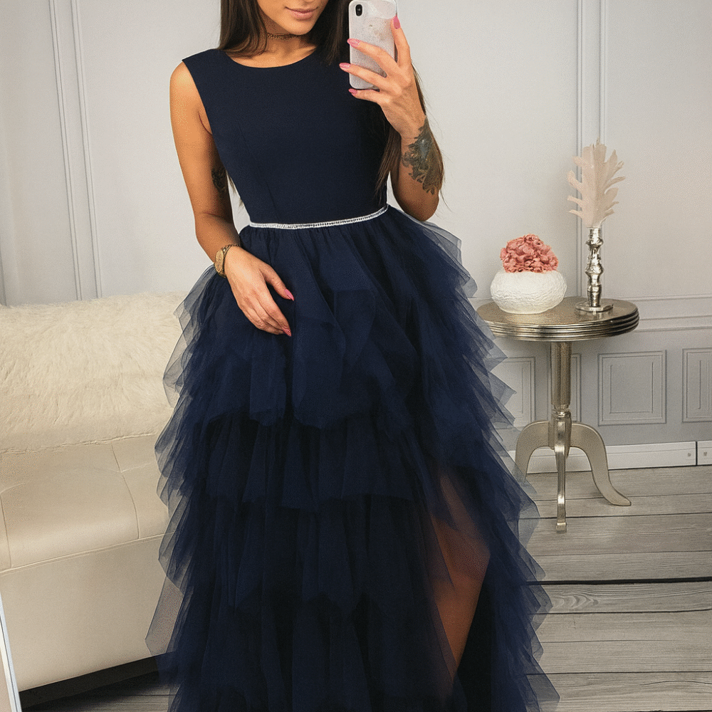 Ilga tiulinė suknelė „Rašalo debesėlis“ 34 dydis