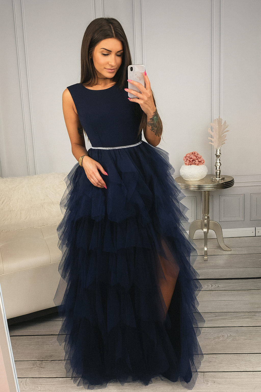 Ilga tiulinė suknelė „Rašalo debesėlis“ 34 dydis