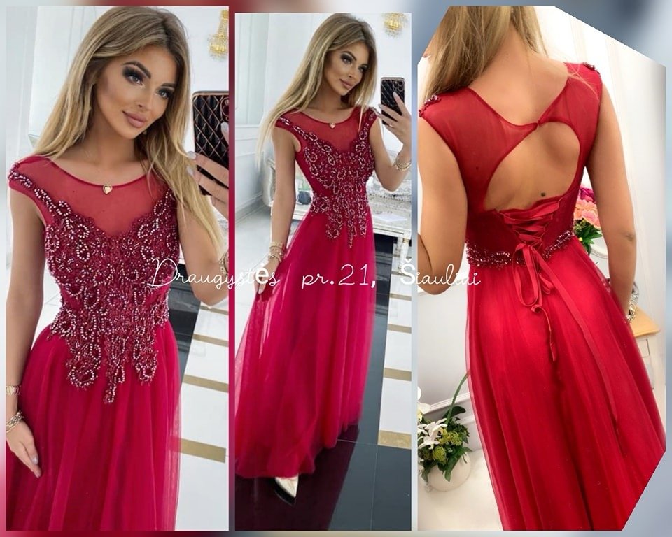 Ilga rubino tiulinė suknelė su dekoruotu viršumi ir suvarstymu nugaroje