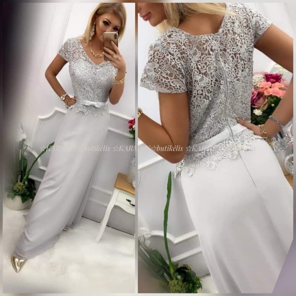 Ilga pilka suknelė su nėriniais ir kaspinėliu „Pilkoji elegancija“ 40dydis