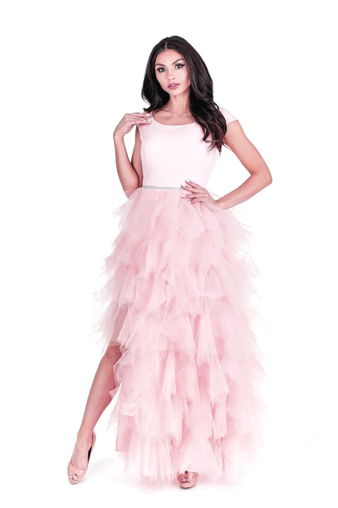 Ilga tiulinė suknelė „Švelnus rožinis debesėlis“ 34 dydis