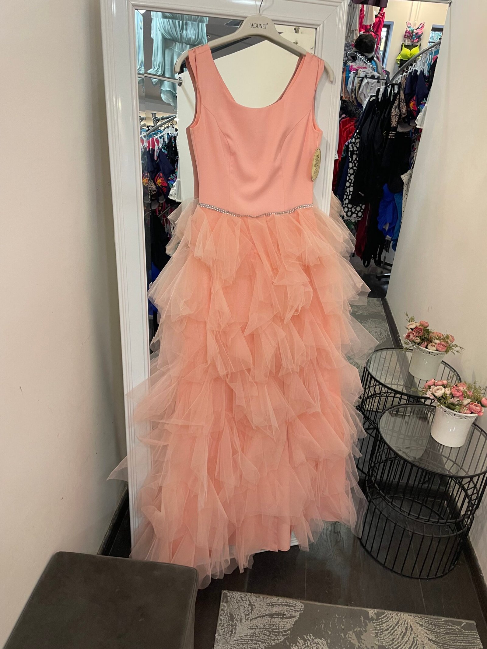 Ilga tiulinė suknelė „Ryškus persikinis debesėlis“ 34dydis - Image 3