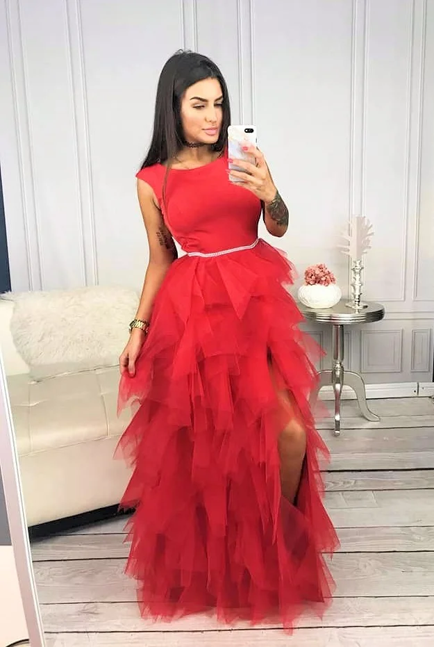 Ilga tiulinė suknelė „Raudonas debesėlis“ 34 dydis