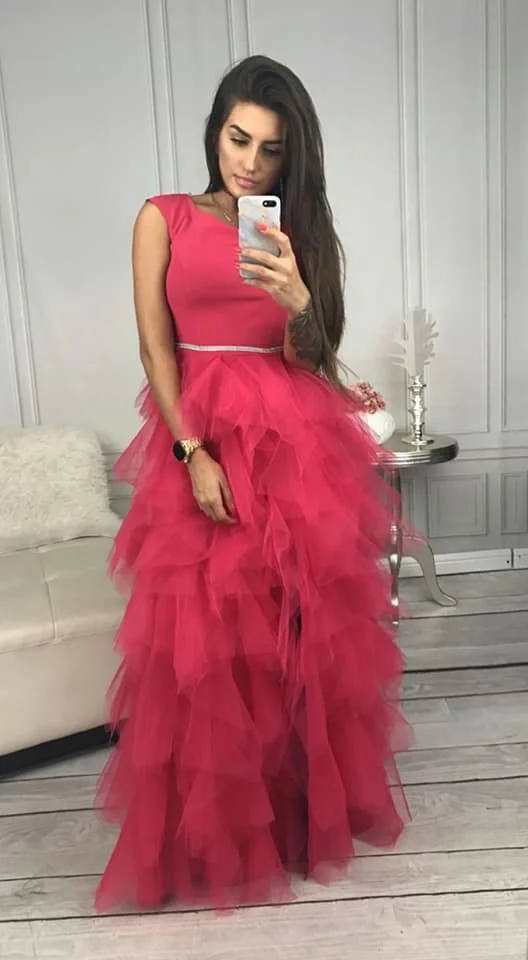 Ilga tiulinė suknelė „Fuksijos debesėlis“