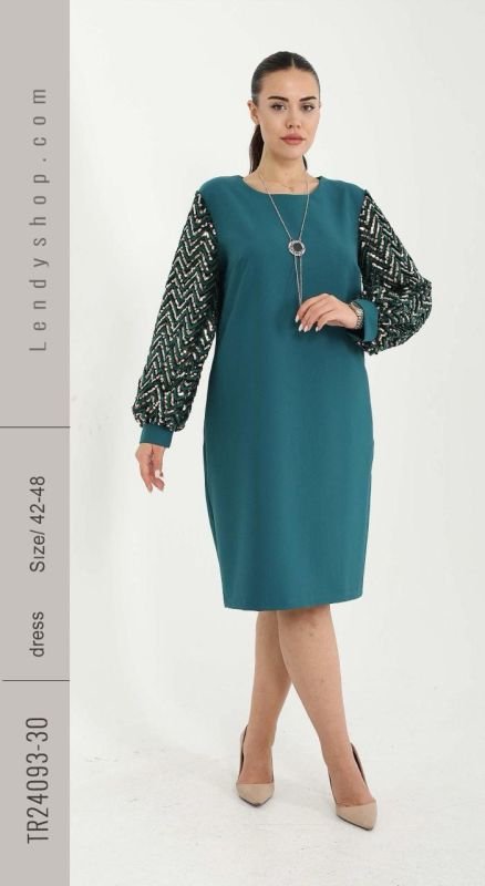 Tamsi vandenyno žalia suknelė su žvilgančiomis rankovėmis