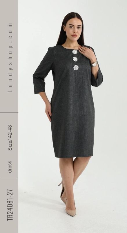 Pilka elegantiška suknelė su kišenėmis ir sagų dekoru