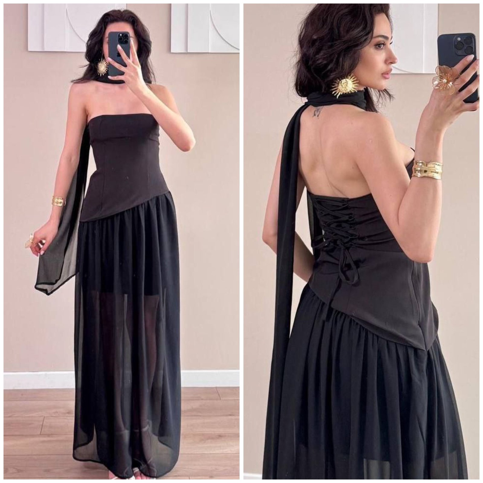 Juoda asimetrinė vakarinė suknelė su šaliu ir suvarstoma nugara