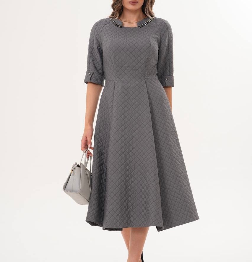 Pilka midi suknelė iš standaus dygsniuoto audinio su pamušalu - Image 3