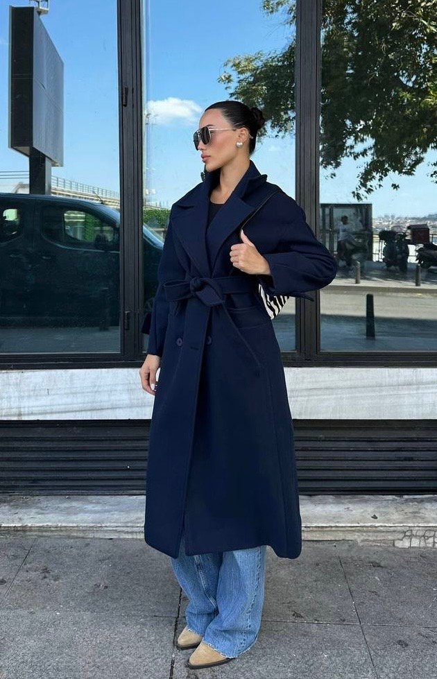 Tamsiai mėlynas vilnonis paltas su diržu |S M L|